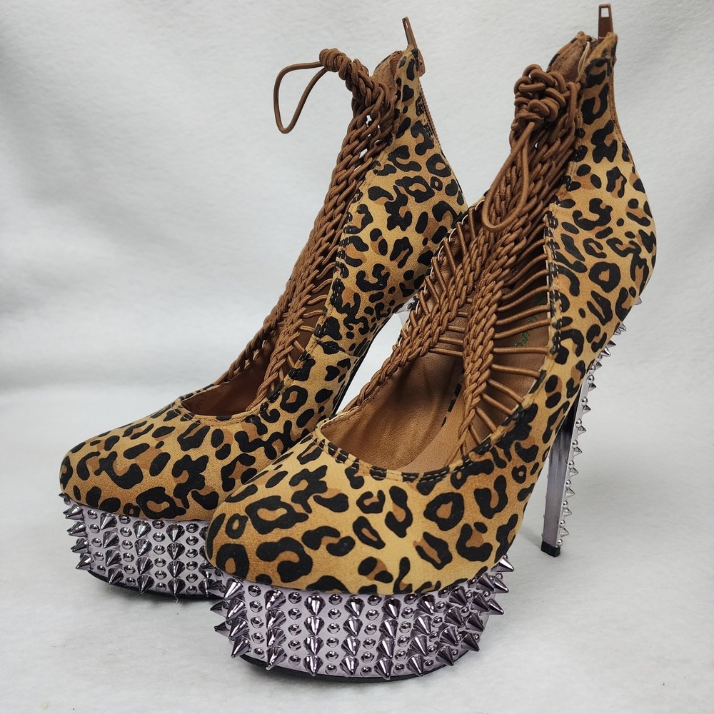 Kush Kouture Womens 8 Pump Brown Leopard Print Spiked Platform Stiletto Heel